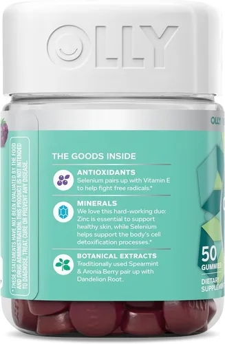 Vista 9 de OLLY Gomita de tez impecable, soporte para una piel clara y saludable, vitaminas E, A, zinc, suplemento masticable, sabor bayas, 50 piezas