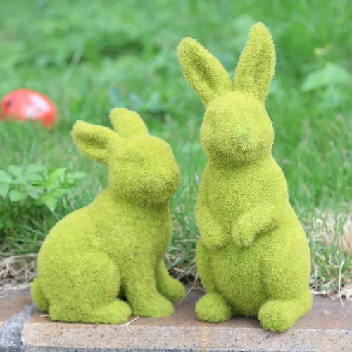 Vista 8 de Decoraciones decorativas para regalos de conejo de Pascua, escultura flocada verde musgo, patio de jardín, reuniones familiares, decoraciones