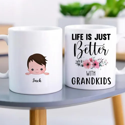 Vista 3 de Gossby Taza personalizada Life is Better With GrandKIDS (1 niño), taza personalizada de regalo para abuelos con avatares de nietos, nombres, 11