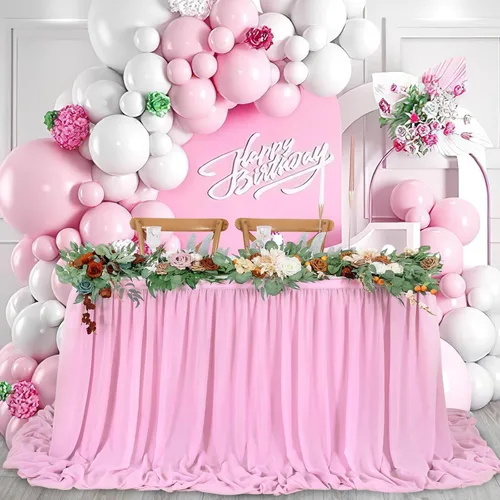 Vista 4 de QueenDream Falda de mesa de gasa rosa de 6 pies, mantel rosa para mesas rectangulares, cumpleaños, princesa, niña, baby shower, fiesta