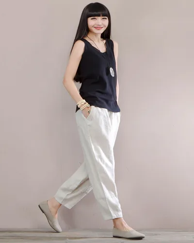 Vista 8 de IXIMO Pantalones 100% lino para mujer, ajuste relajado, farol, recortados, con cintura elástica