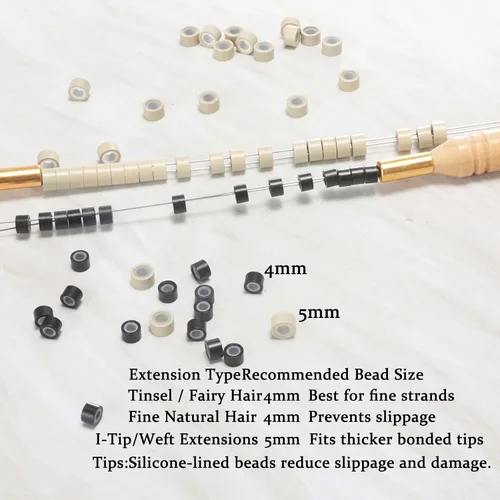 Vista 2 de Anillas de microenlace de 4 mm con forro de silicona, cuentas de oropel para extensiones de pelo, 300 unidades, color negro