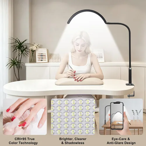 Vista 2 de Luz de media luna para escritorio de uñas, lámpara de manicura LED profesional sin sombras con abrazadera, 3 modos de color y 10 niveles de brillo