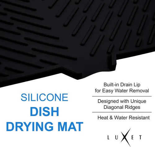 Vista 6 de Luxet Alfombrilla de silicona para secar platos con borde de drenaje integrado, almohadilla de secado higiénica, bandeja resistente compacta y fácil
