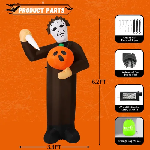 Vista 6 de COMIN Asesino de calabazas inflable de Halloween de 6 pies con LED incorporados, decoración de patio para fiestas de vacaciones en interiores