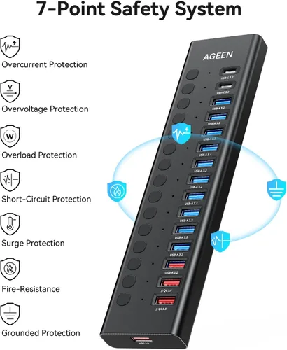Vista 9 de Hub USB alimentado, concentrador USB 3.2 de 16 puertos AGEEN