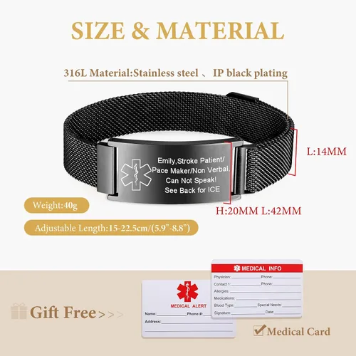 Vista 5 de VNOX Pulsera de identificación de alerta médica para hombres y mujeres, pulseras de alerta médica con grabado personalizado para mujeres y hombres