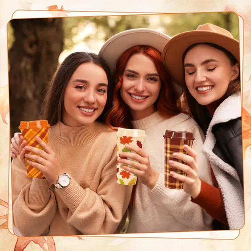 Vista 5 de Whaline 12 tazas de café de plástico de otoño de 16 onzas con tapas. Vaso