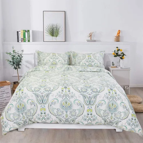 Vista 14 de Helthep Funda de edredón floral tamaño Twin, 100% algodón, con estampado de flores rosas, funda de edredón vintage botánica con hojas verdes, funda