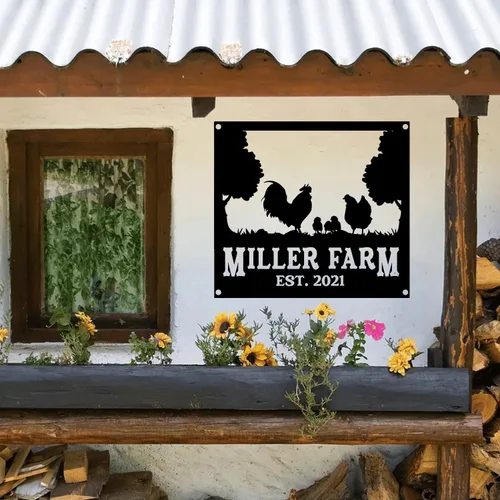 Vista 9 de Letrero de metal personalizado para gallinero, letrero de granja de pollo de metal personalizado, familia de pollo, EST, arte de pared, decoración