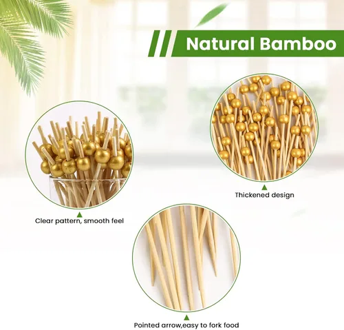 Vista 3 de 100 palillos de cóctel, palillos de dientes elegantes para aperitivos hechos a mano de bambú, palitos de perlas doradas, palillos de alimentos