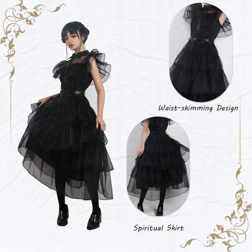 Vista 5 de CFNRHEOU Wednesday Addams Dress for Kids Girls,Family Party Dress Up Cosplay Outfit Gothic Dress Halloween Costumes with Hair