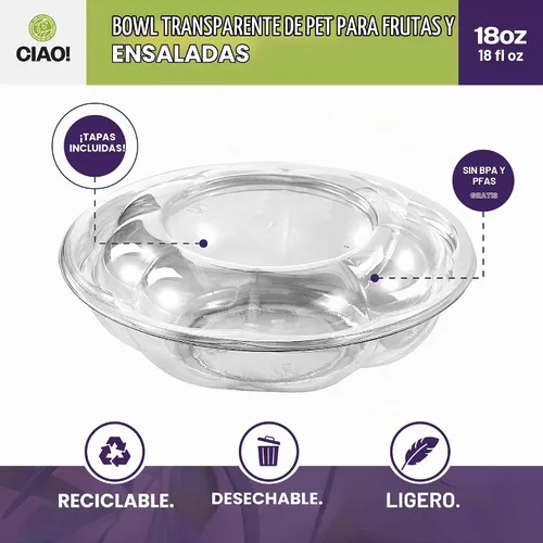 Vista 2 de CIAO! Tazón de fruta y ensalada PET transparente de 18 oz con tapa de cúpula rosa (150/caja)