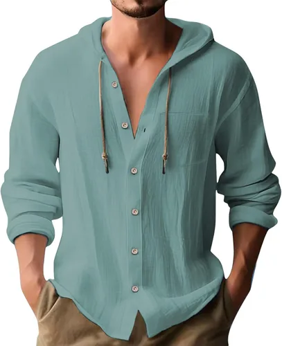 Vista 20 de Camisas de lino para hombre, casual, con botones, de verano, algodón, lino, con capucha, para playa, manga larga, con capucha