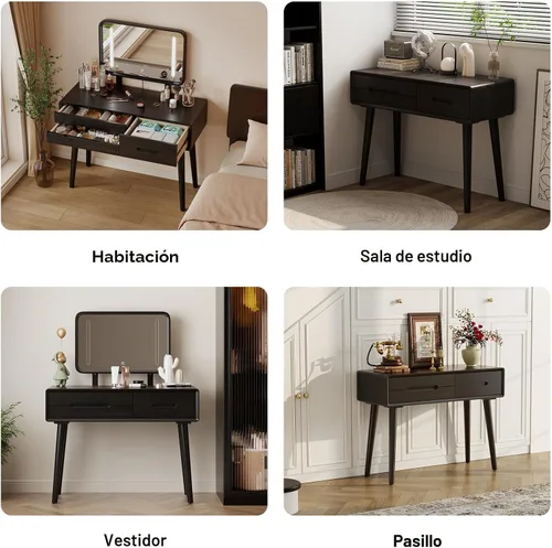 Vista 3 de Tocador de madera maciza con espejo y luces, brillo ajustable, tocador de maquillaje de madera con 3 cajones, semiensamblado, escritorio de tocador