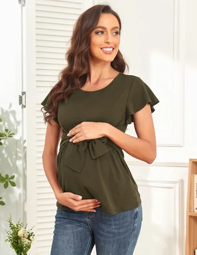 Vista 3 de Camisa de maternidad casual con volantes, manga corta, cuello redondo, para embarazo