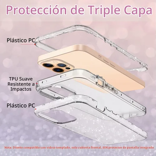 Vista 6 de Funda protectora completa con purpurina cristalina para iPhone 13 Pro Max híbrida 3 en 1, resistente a prueba de golpes, para mujeres y niñas