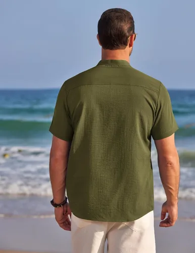 Vista 4 de COOFANDY Camisas Henley para hombre, cuello de banda, camisa de manga corta, casual, para verano, playa, hippie, camisa hawaiana de moda
