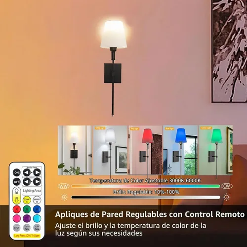 Vista 2 de Juego de 2 apliques de pared a pilas, luz de pared recargable negra con control remoto inalámbrico regulable, 12 modos de color, aplique de batería