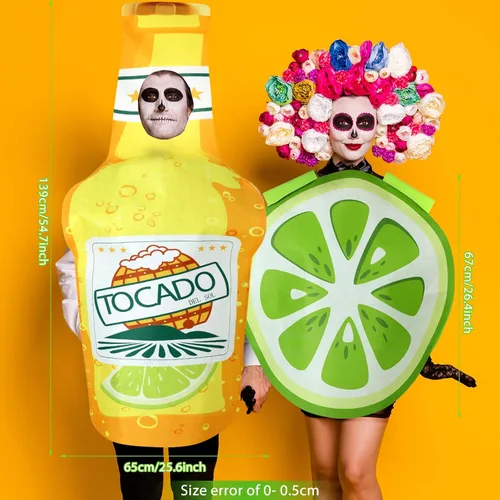 Vista 2 de HooLing 2 Pcs Couples Halloween Costumes for Adults Tequila Bottle and Lime Slice Couple's Costume Drink Suit Outfits