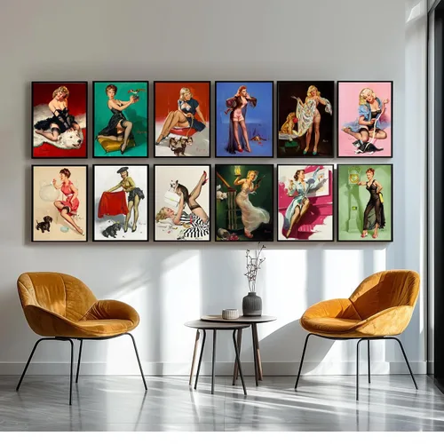 Vista 4 de PIXILUV 12 x Mini Pósters Sin Marco ~ Mascotas Juguetonas y Glamour: Bellezas Vintage Pin-Up con Gatos, Perros y Compañeros Traviesos en Alegres