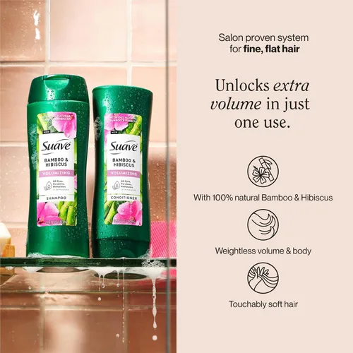Vista 2 de Suave Acondicionador voluminizador de bambú e hibisco, para cabello fino y plano, sistema probado en salón para aumentar el volumen y el cuerpo