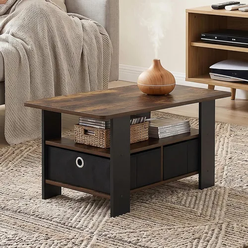 Vista 2 de Furinno Andrey - Mesa de centro con cajón de contenedor, pino ámbar/negro, pequeña parte superior sin elevación Ámbar Pino/Negro