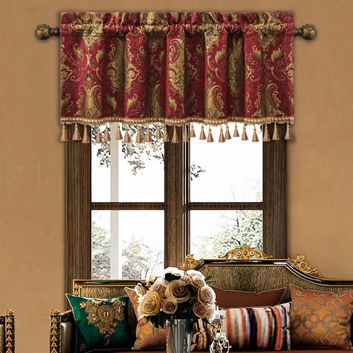 Vista 10 de Loom and Mill Cenefas de jacquard de lujo para ventana de sala de estar, elegante cenefa de cortina de damasco beige con ribete de cuentas, cortina