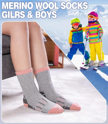 Vista 3 de Calcetines de senderismo de lana merino para niños y niñas, para invierno, cálidos, gruesos, térmicos, calcetines de regalo, 6 pares