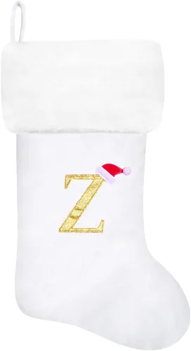 Vista 128 de Calcetines de Navidad bordados de 20 pulgadas con monograma, terciopelo negro con puño de felpa blanca supersuave, adornos clásicos para decoración