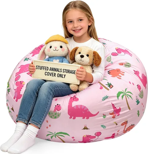Vista 20 de Lukeight - Puf de almacenamiento de animales de peluche para niños, funda para puf de dinosaurio con cremallera para organizar la habitación