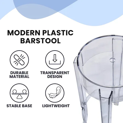 Vista 3 de LeisureMod Taburete de bar acrílico transparente Mid-Century moderno, asiento y patas de plástico para cocina y comedor, juego de 2