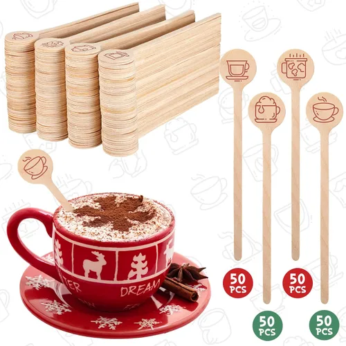 Vista 2 de 200 agitadores de café de madera de 6 pulgadas, desechables, para Navidad, cócteles, bebidas, palitos de Navidad de extremo redondo para leche