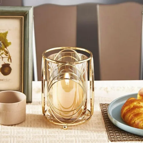 Vista 7 de Portavelas dorado con marco de metal, tapa de vidrio grueso resistente al viento y recortes geométricos para bodas, fiestas, decoración del hogar