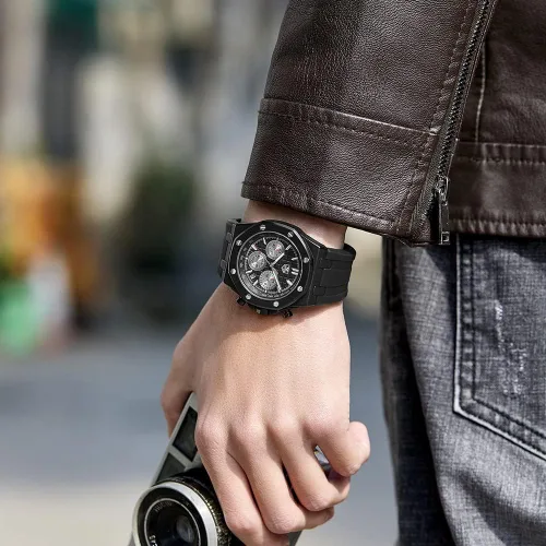 Vista 8 de Men's Watch Silicone Band, Quartz Analog Waterproof Multifunction Chronograph Sports Watch for Men with Calendar Black Rubber Strap