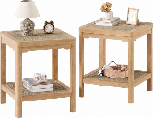 Vista 28 de Eclatara Mesitas de noche de ratán, mesa auxiliar de 2 niveles para dormitorio, mesa auxiliar de polígono decorativa para espacios pequeños, mesa