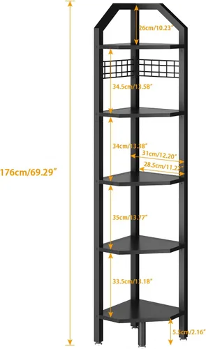 Vista 3 de YMYNY UHBR006B - Estante esquinero de pared de 5 niveles, estante de escalera de esquina, marco de metal, estante de exhibición con rejilla de Negro