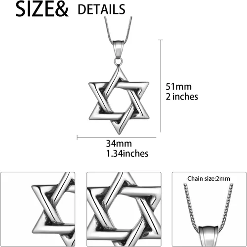 Vista 4 de Star of Magen David Necklace Mens 316L Stainless Steel Jewish Israel Hebrew Judaic Pendant Seal of Solomon Talisman Tantrism Hexagram Estrella
