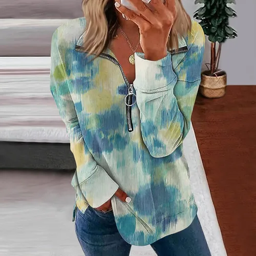Vista 3 de Sudadera con cremallera de un cuarto para mujer, sudadera estampada casual, moderna, atlética, holgada, de manga larga, blusa