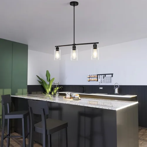 Vista 5 de Iluminación de isla de cocina, 3 luces negras para comedor, lámpara de araña lineal moderna con pantalla de vidrio transparente, 31 pulgadas