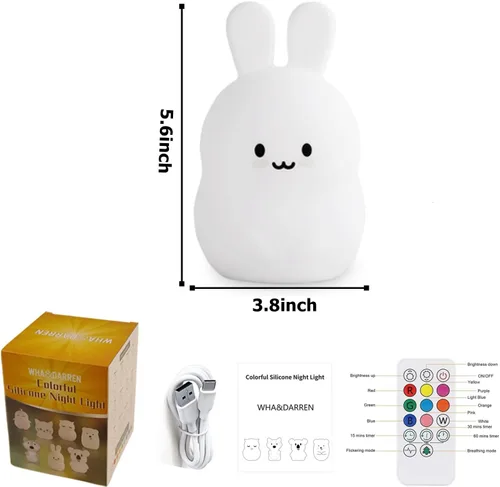 Vista 8 de WHA&DARREN Luz nocturna de conejo para niños y niños pequeños, luz nocturna de animales blanda para niñas y niños - Bonita lámpara de dormitorio