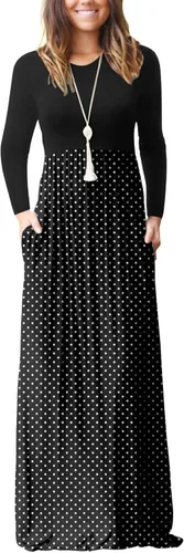 Vista 28 de GRECERELLE Vestido largo de manga larga para mujer, casual, cuello redondo, holgado, sólido floral, maxi largo con bolsillos, S-3XL A-Negro