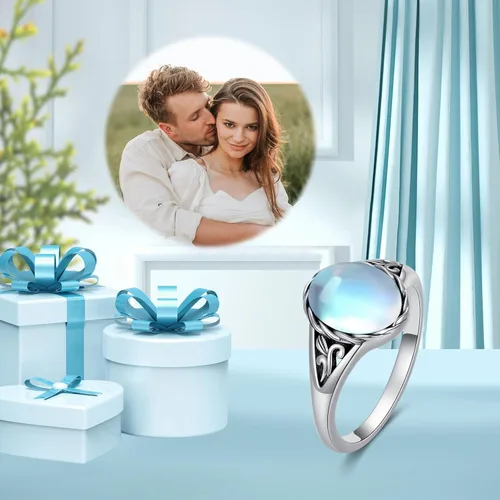 Vista 2 de Turquoise Vintage Ring for Women, S925 Sterling Silver Oval Cut Natural TurquoiseMoonstoneBlack Onyx Boho Turquoise Jewelry for Birthday Mother's