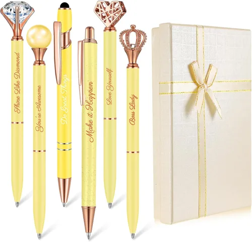 Vista 15 de Qeeenar 6 bolígrafos elegantes para mujer, bolígrafo de diamantes de cristal para diario, bonito bolígrafo con purpurina con caja, regalos Negro