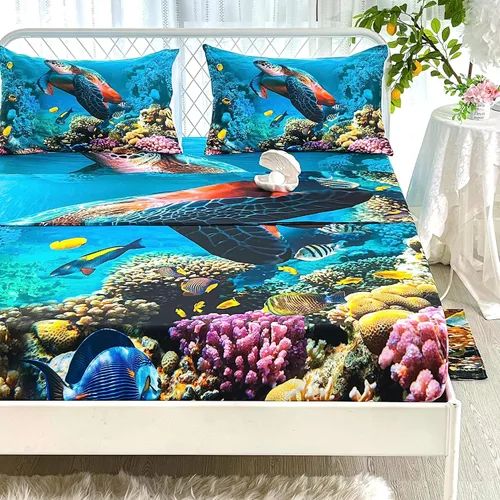 Vista 5 de CVHOUSE Juego de sábanas bajeras de tortuga marina, tamaño individual, juego de ropa de cama de tortuga para niños y niñas, 1 sábana encimera y 1 A4