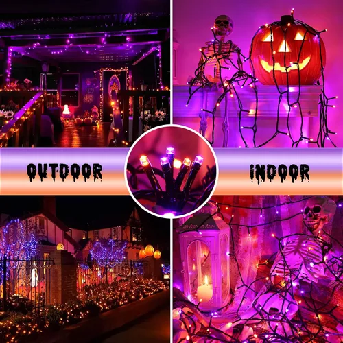 Vista 4 de LYHOPE - Luces de Halloween naranja y morado, 200 luces LED de 72 pies con 8 modos, cadena de luces impermeables operadas por batería