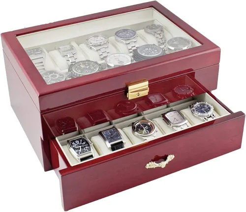 Vista 6 de Caja de almacenamiento para relojes de madera con 20 ranuras y tapa de cristal para joyas, con 20 cojines extraíbles y suaves para hombres y mujeres