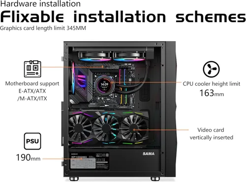 Vista 5 de SAMA 3509 ATX Mid Tower PC Case - Malla frontal de acero, panel lateral de vidrio templado con bisagras, 4 ventiladores ARGB preinstalados, USB 3.0