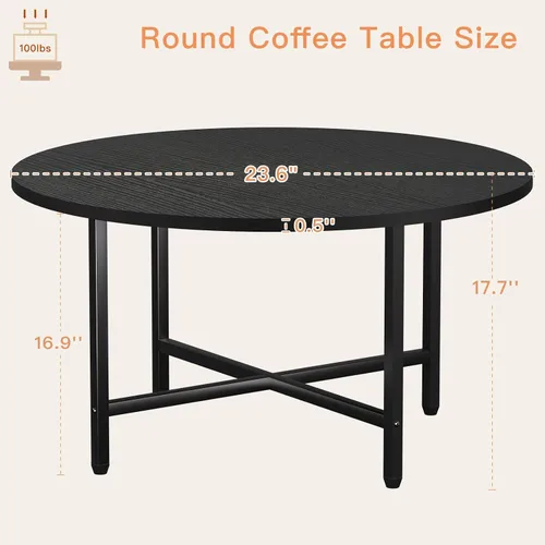 Vista 2 de Mesa de Café FAMIDGE, Mesas de Café de 23.6" para Sala de Estar, Mesa de Café Redonda con Marco de Metal, Mesa de Piso para Sentarse en el Suelo
