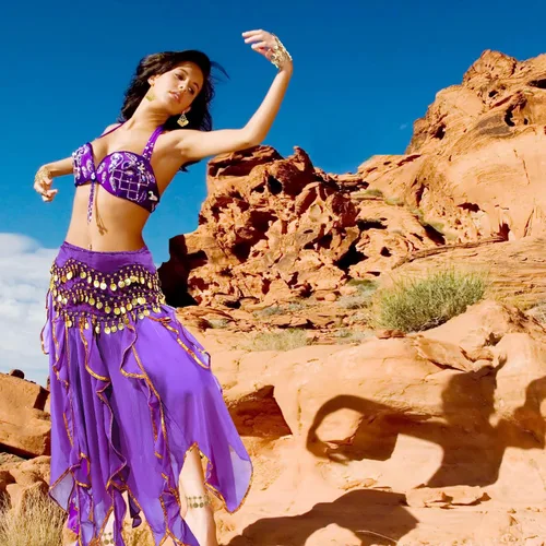 Vista 5 de Haysandy Conjunto de 8 piezas de danza del vientre para mujer, falda de danza del vientre, bufanda de cadera, 2 pulseras, aretes, pulsera de tobillo